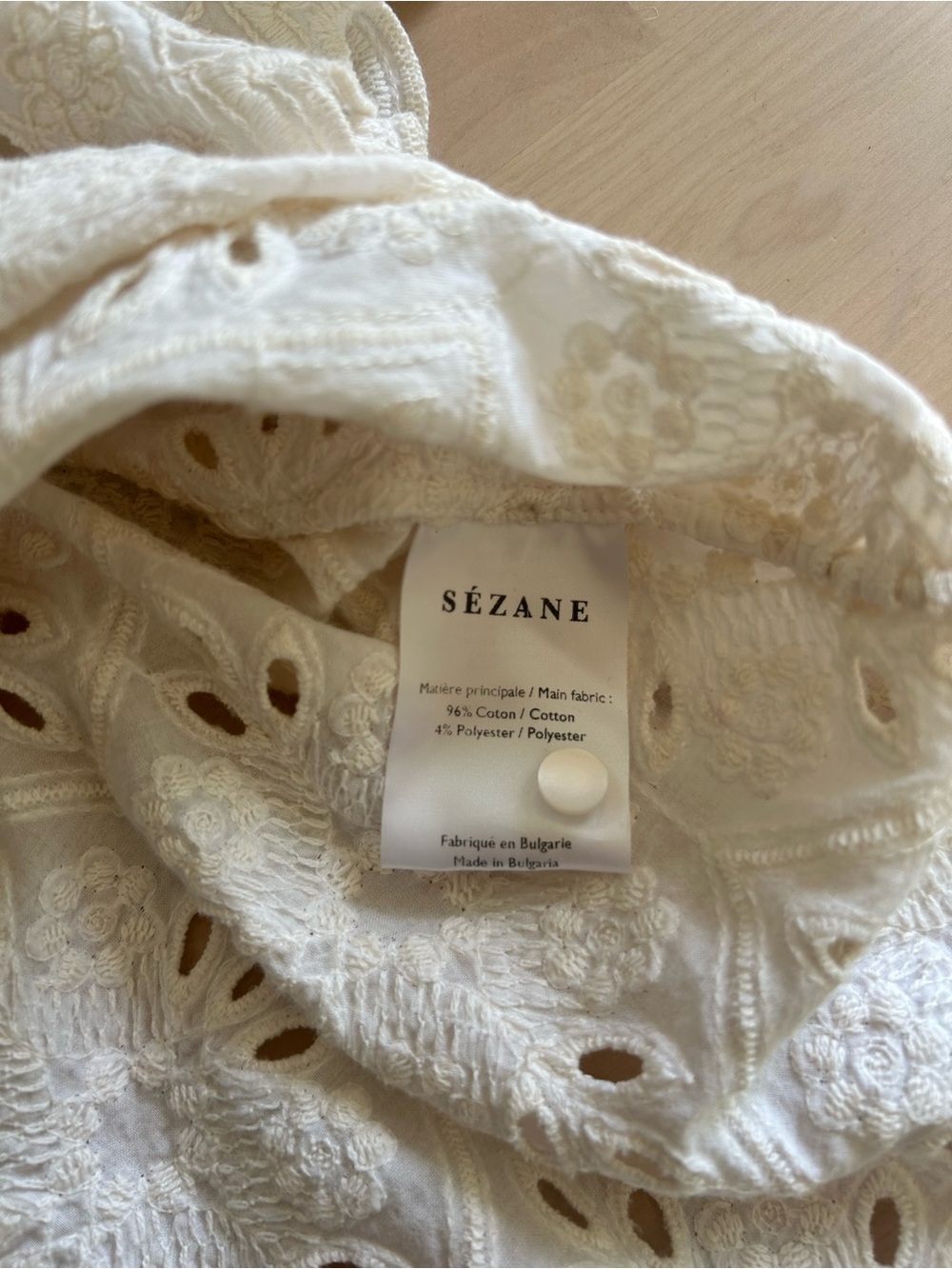 Sezane Lousiah Ecru Lace Eyelet Ruffle-Neck Blouse women’s size medium - Picture 12 of 12